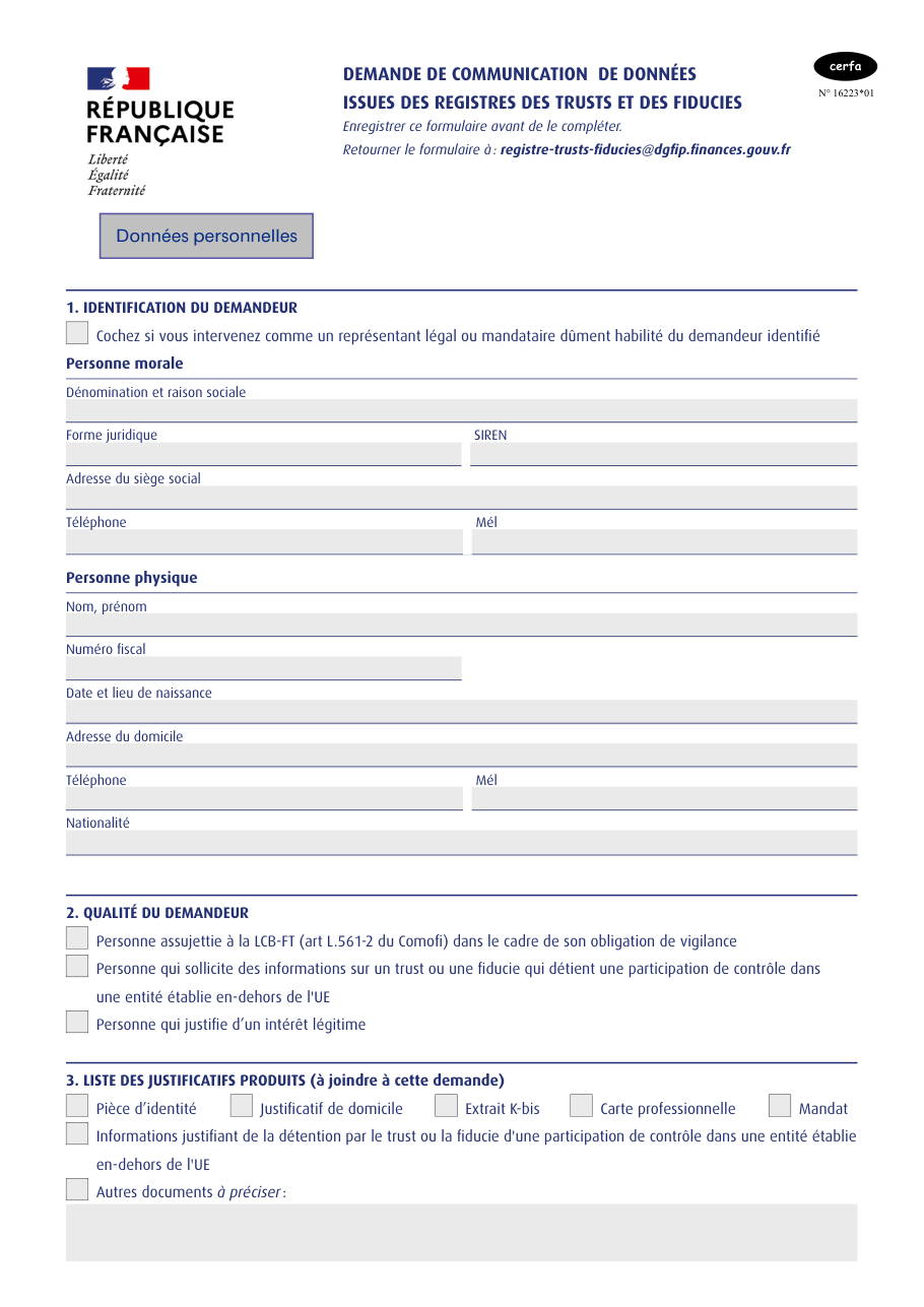 Page 1 du formulaire impots.gouv.fr n° FORM-TRUST-FIDUCIE — Demander des données des registres des trusts et des fiducies