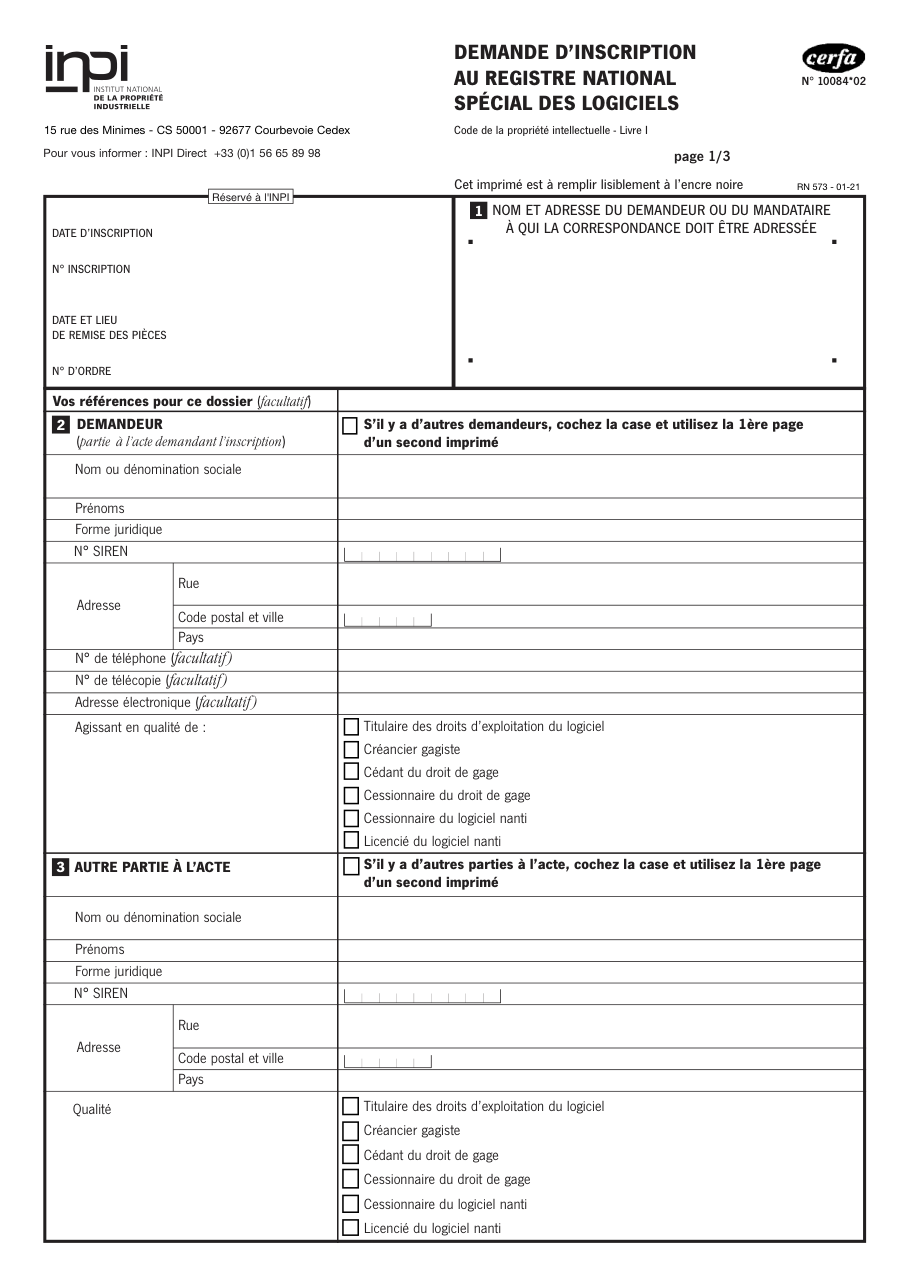 Page 1 du formulaire inpi.fr n° 10084 — Faire inscrire un acte au registre national spécial des logiciels