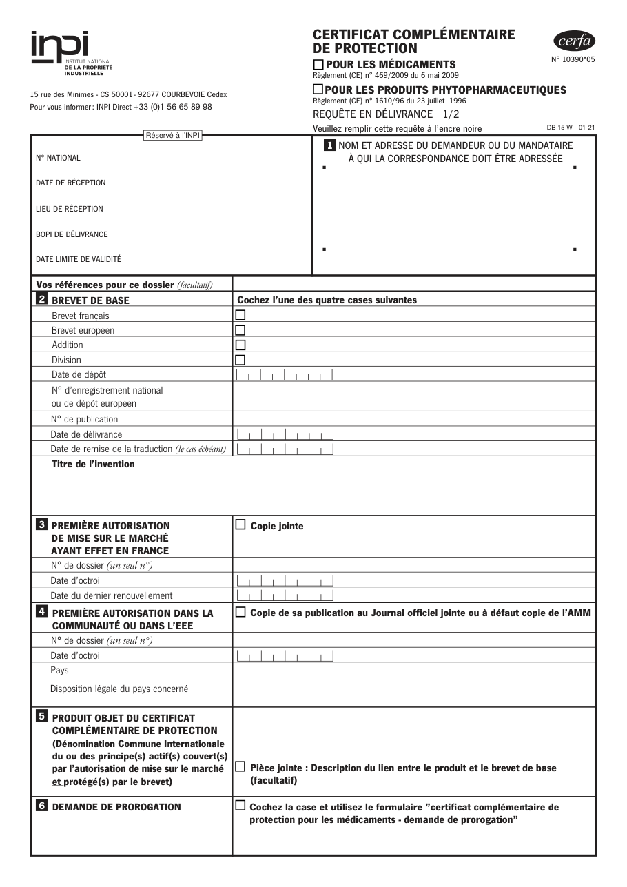 Page 1 du formulaire inpi.fr n° 10390 — Demander un certificat complémentaire de protection à l'INPI