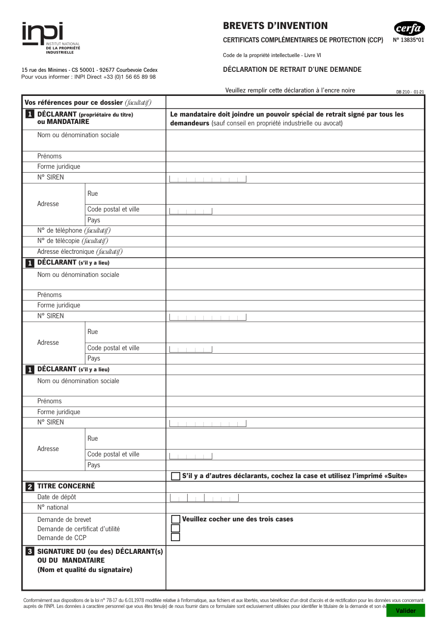 Page 1 du formulaire inpi.fr n° 10427 — Retirer une demande de brevet, de certificat d'utilité ou de CCP