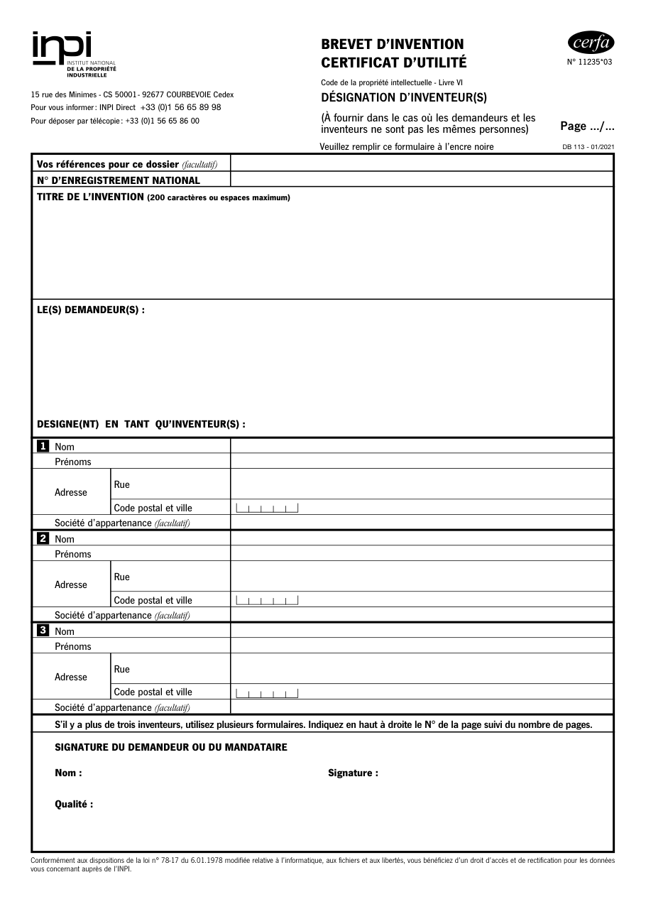 Page 1 du formulaire inpi.fr n° 11235 — Désigner le ou les inventeurs d'une demande de brevet