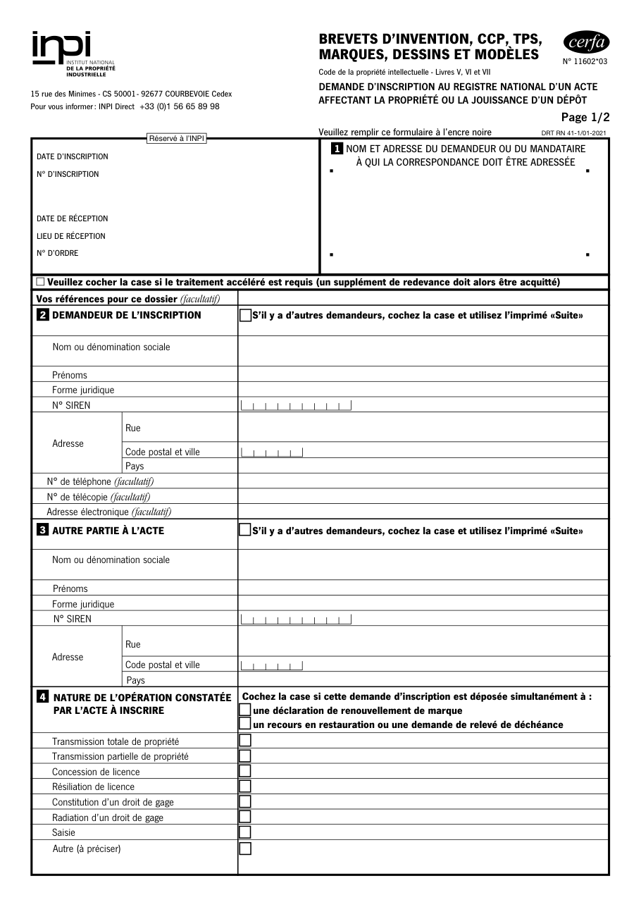 Page 1 du formulaire inpi.fr n° 11602 — Inscrire au registre national un acte sur un titre de propriété industrielle