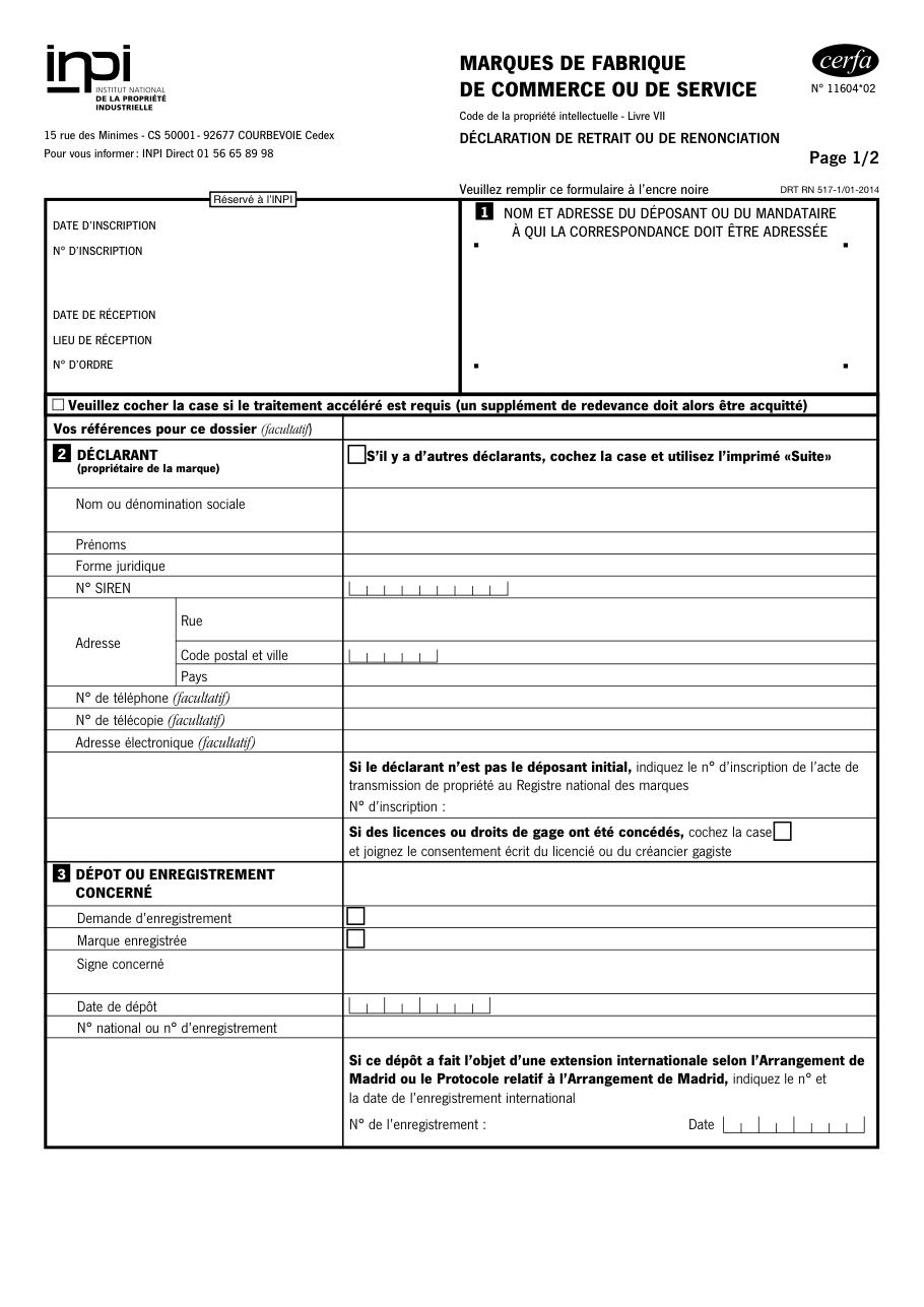 Page 1 du formulaire inpi.fr n° 11604 — Retirer une demande de marque ou renoncer à une marque enregistrée