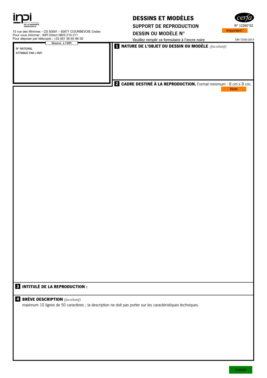 Page 1 du formulaire inpi.fr n° 12260 — Présenter la reproduction d'un dessin ou modèle sur son support