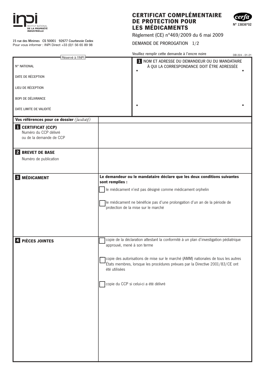 Page 1 du formulaire inpi.fr n° 13836 — Demander la prorogation d'un certificat complémentaire de protection