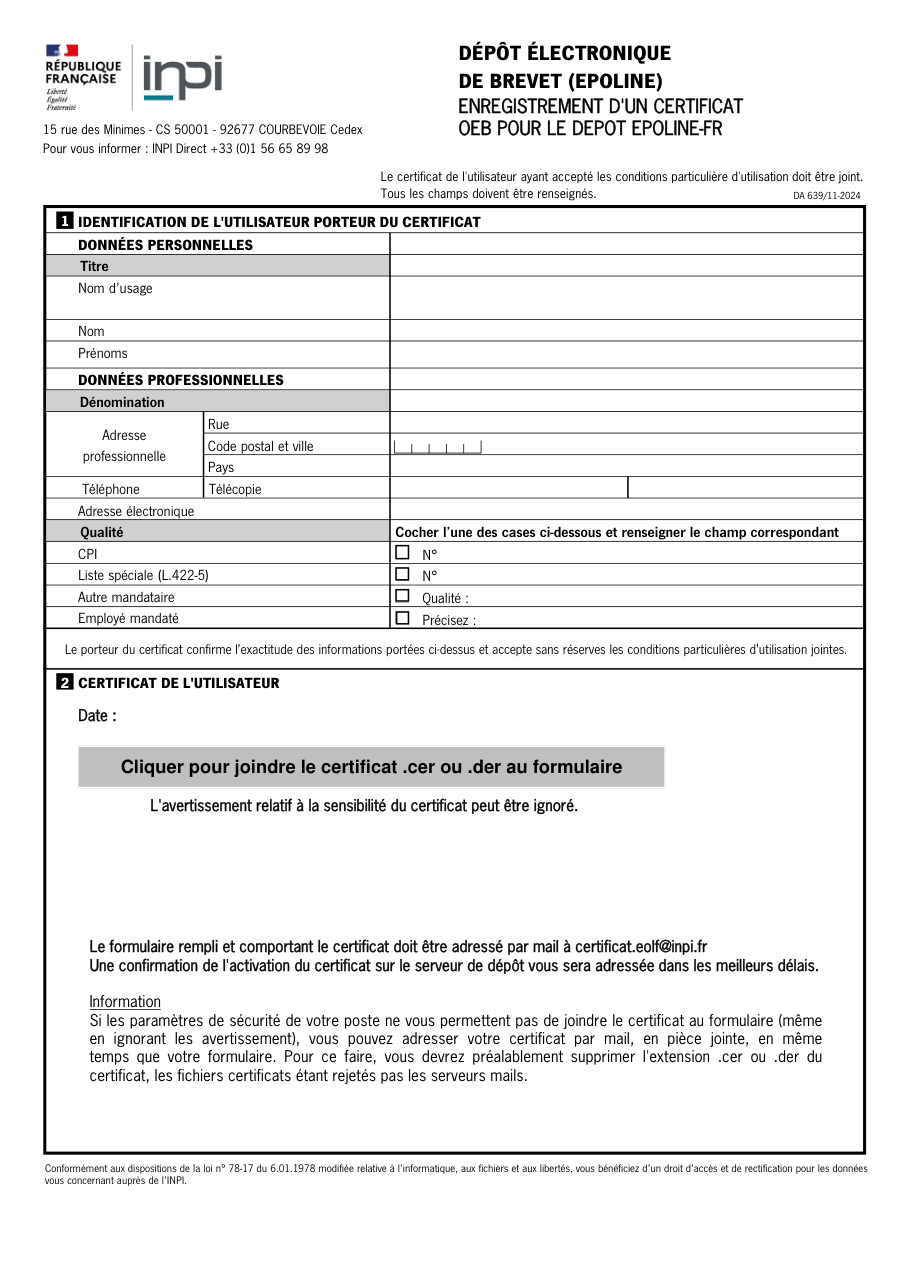 Page 1 du formulaire inpi.fr — Enregistrer un certificat de l'Office européen des brevets pour déposer en ligne