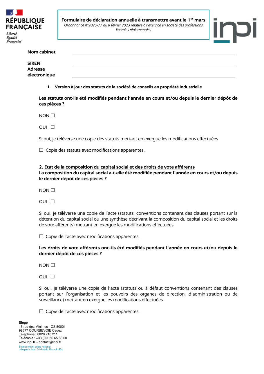 Page 1 du formulaire inpi.fr — Faire la déclaration annuelle d'une société de conseils en propriété industrielle