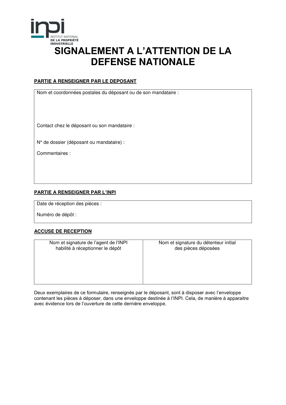 Page 1 du formulaire inpi.fr — Signaler un dépôt à l'attention de la défense nationale