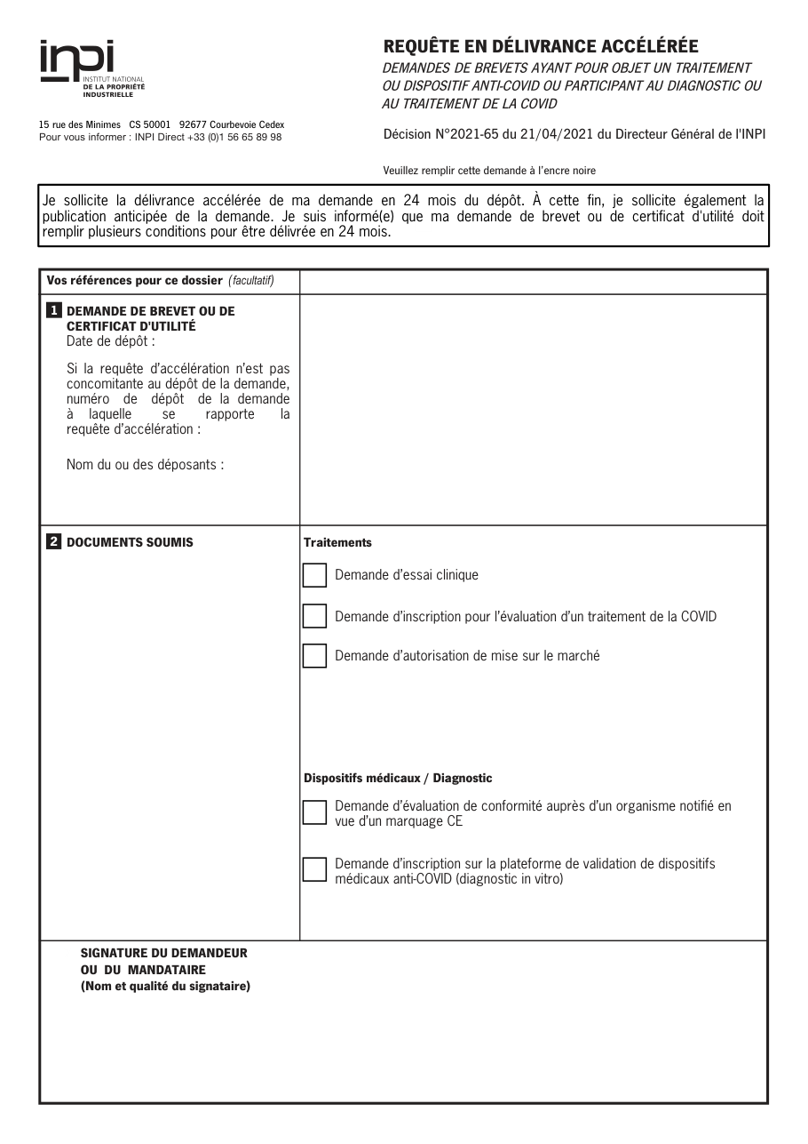 Page 1 du formulaire inpi.fr — Demander la délivrance accélérée d'un brevet lié à la COVID