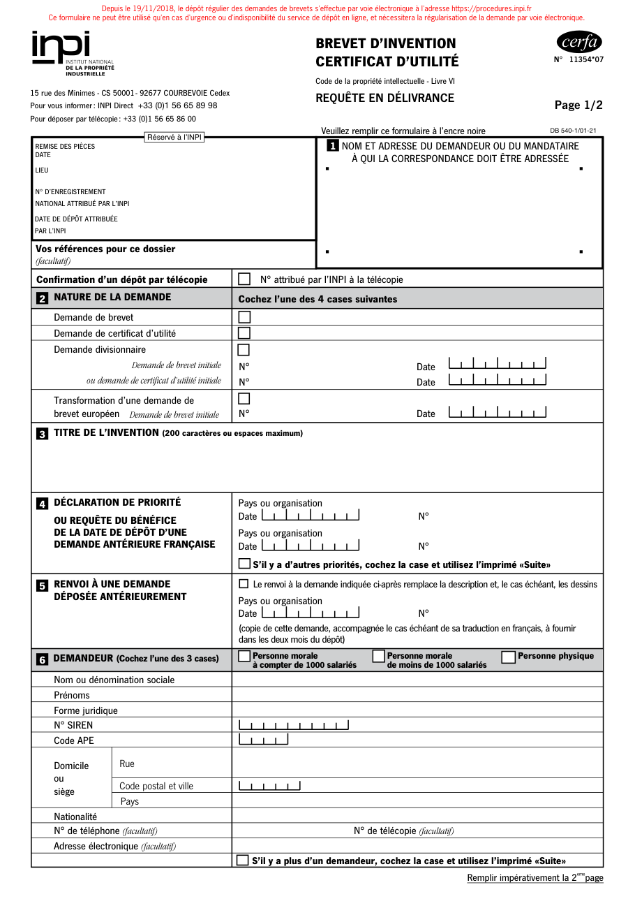 Page 1 du formulaire inpi.fr — Déposer une requête en délivrance de brevet ou de certificat d'utilité