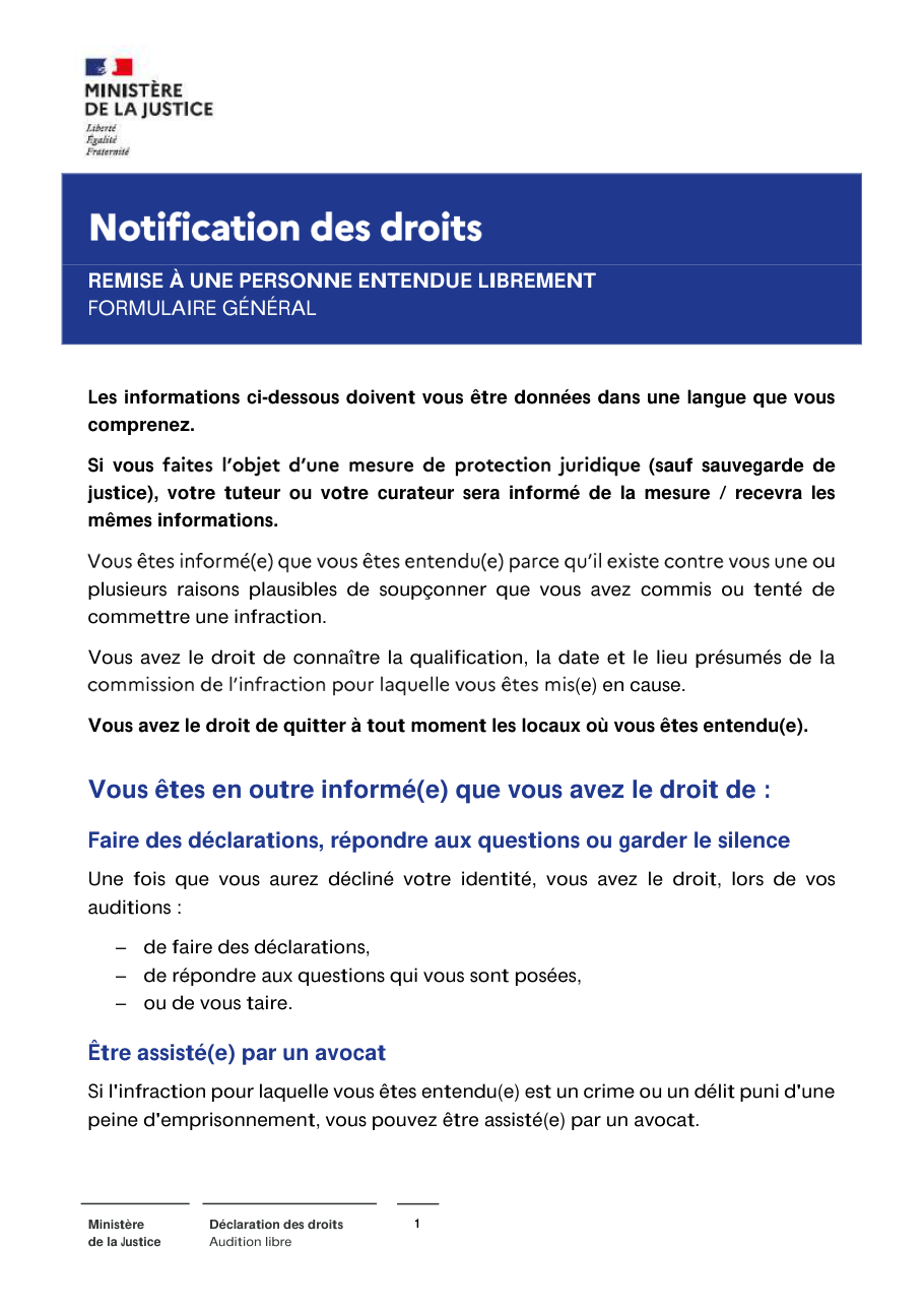 Page 1 du formulaire justice.gouv.fr — Connaître ses droits lors d'une audition libre