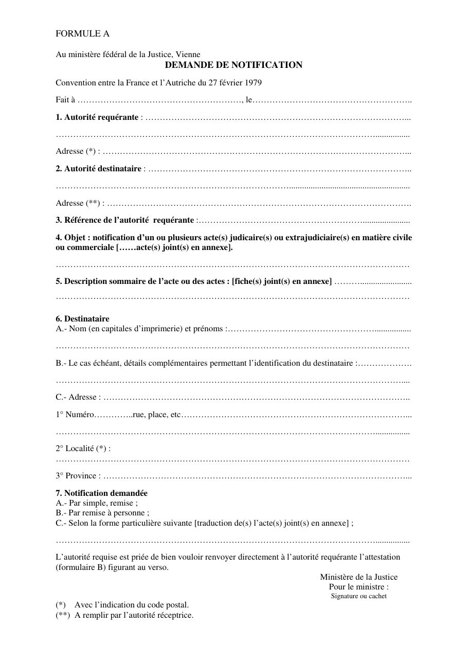 Page 1 du formulaire justice.gouv.fr — Demander la notification d'un acte judiciaire en Autriche