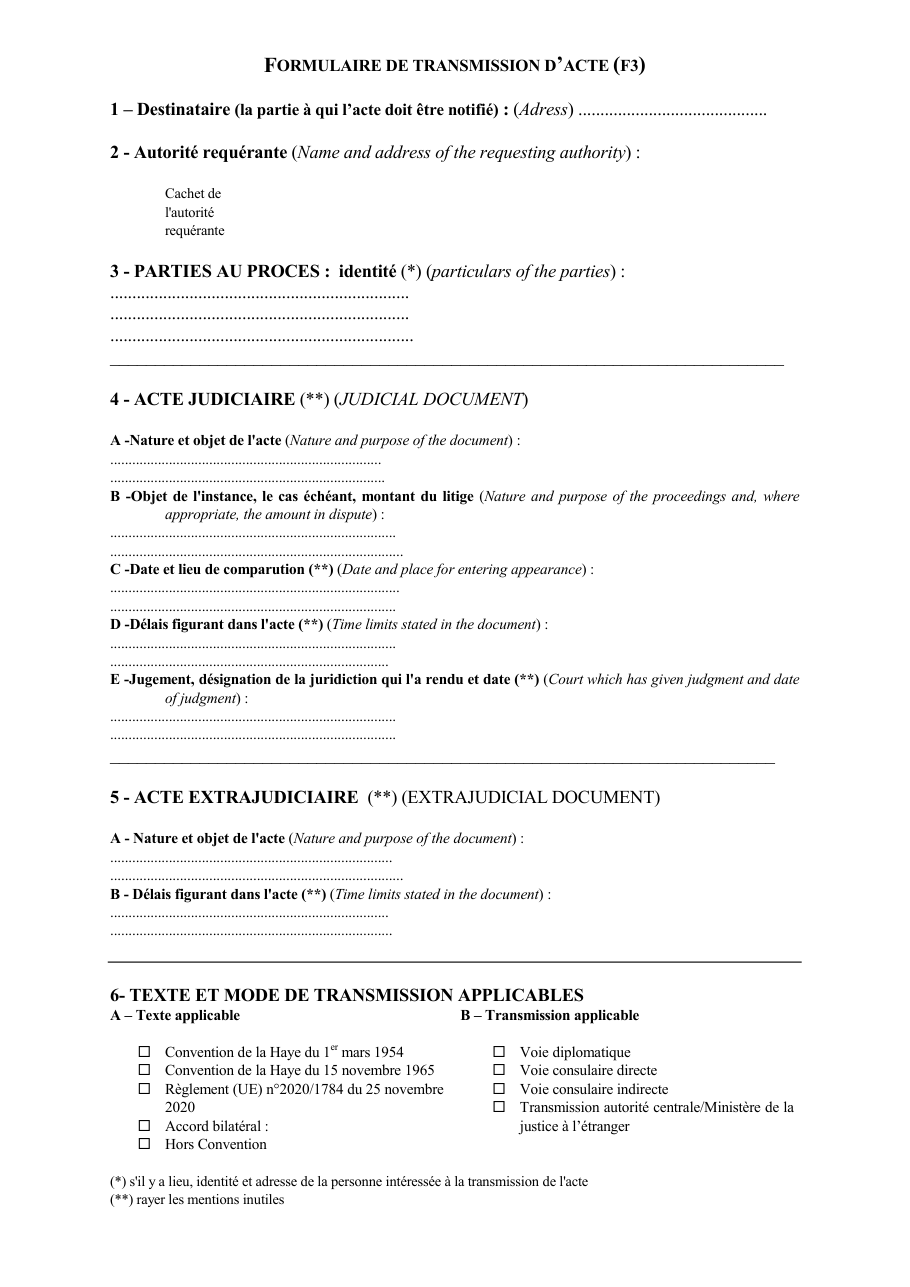 Page 1 du formulaire justice.gouv.fr — Transmettre un acte judiciaire ou extrajudiciaire avec le formulaire F3