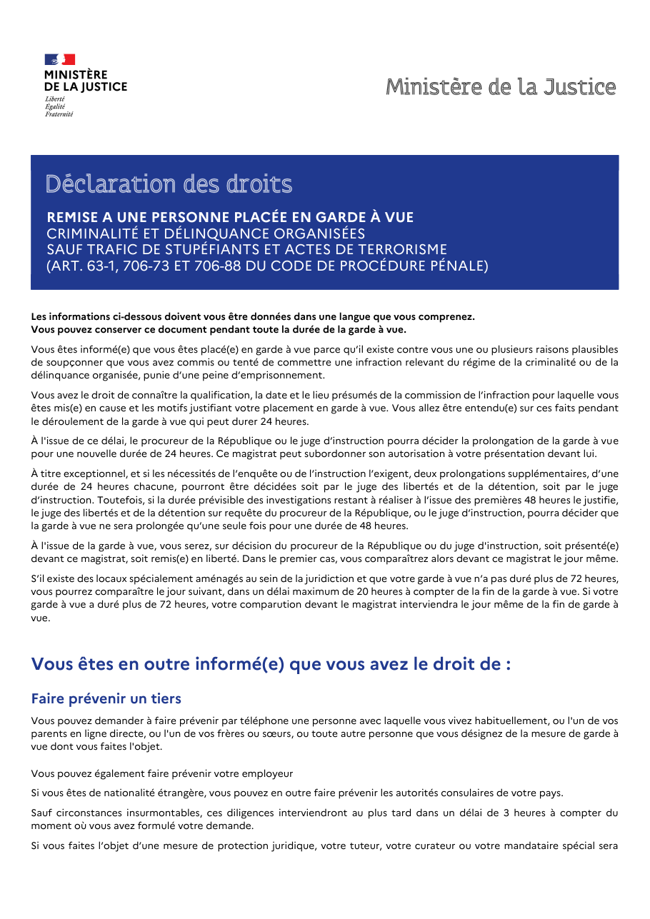 Page 1 du formulaire justice.gouv.fr — Connaître ses droits en garde à vue pour criminalité organisée