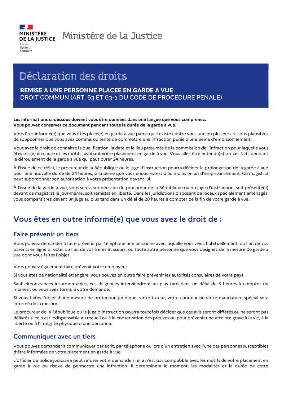 Page 1 du formulaire justice.gouv.fr — Connaître ses droits en garde à vue (majeur, droit commun)