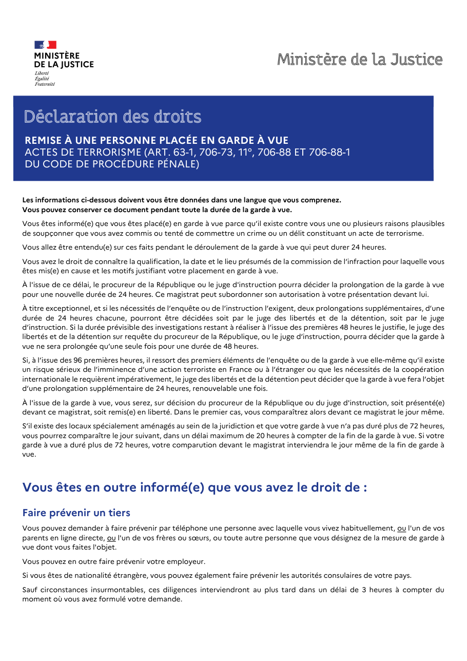 Page 1 du formulaire justice.gouv.fr — Connaître ses droits en garde à vue pour actes de terrorisme