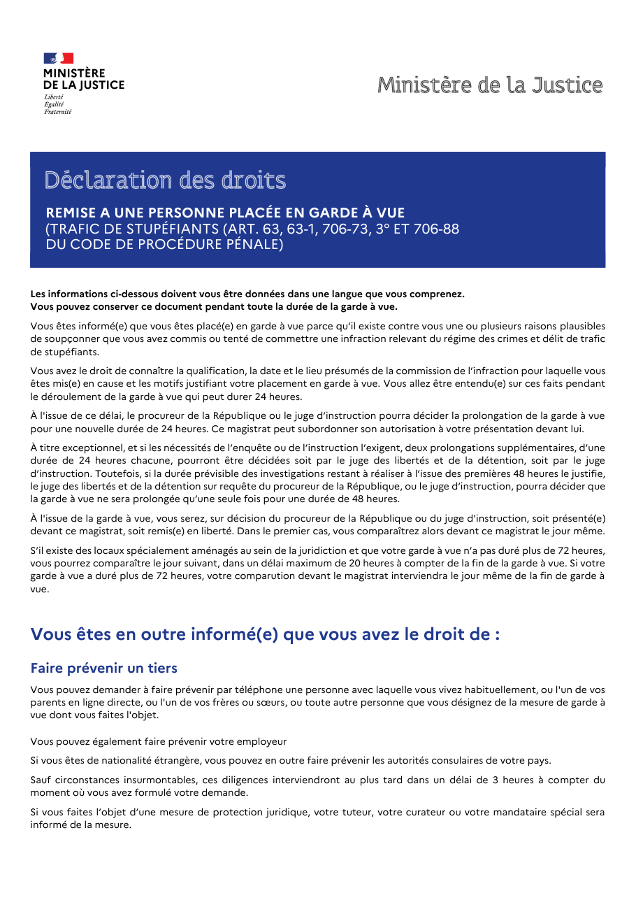 Page 1 du formulaire justice.gouv.fr — Connaître ses droits en garde à vue pour trafic de stupéfiants