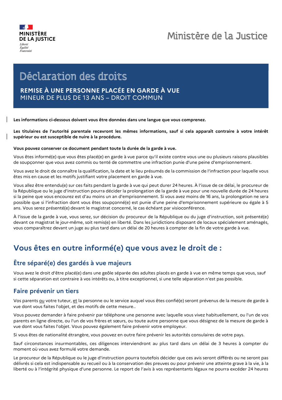 Page 1 du formulaire justice.gouv.fr — Connaître ses droits en garde à vue quand on est mineur de plus de 13 ans