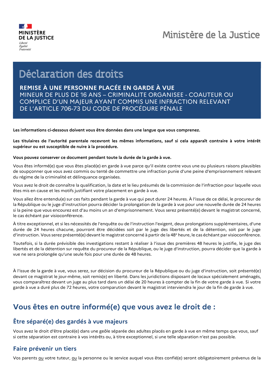 Page 1 du formulaire justice.gouv.fr — Connaître ses droits en garde à vue quand on est mineur de plus de 16 ans