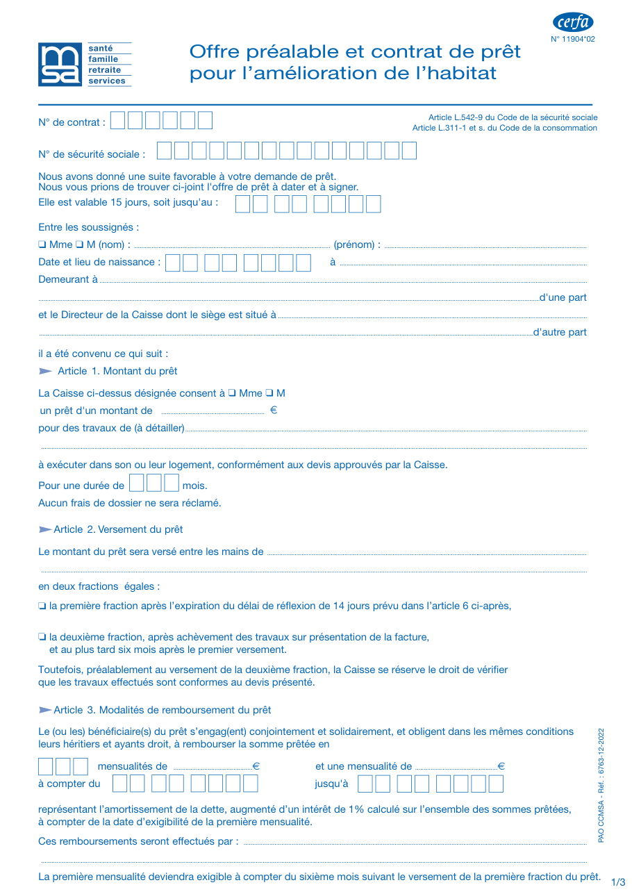 Page 1 du formulaire msa.fr n° 11904 — Offre préalable et contrat de prêt pour l'amélioration de l'habitat (MSA)