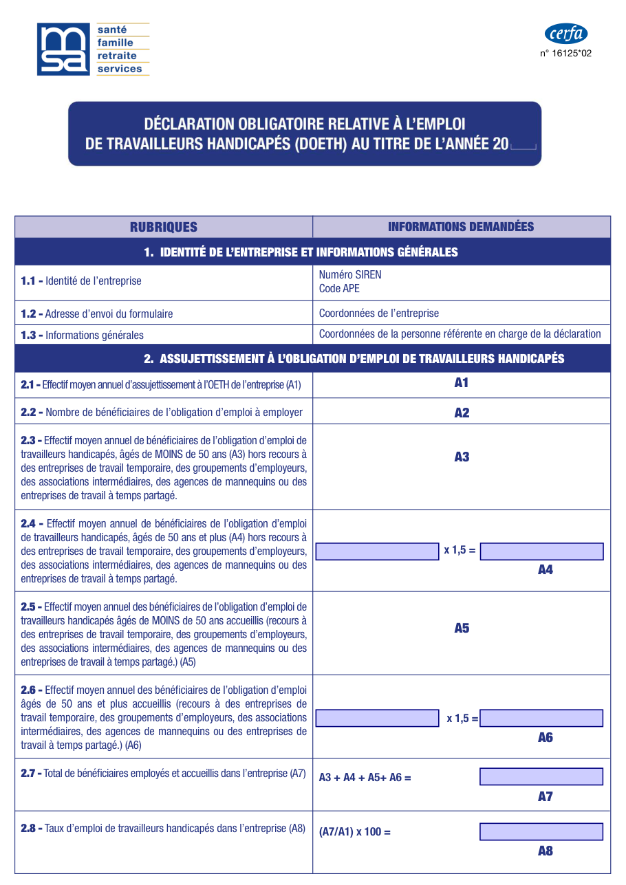 Page 1 du formulaire msa.fr n° 16125 — Déclaration obligatoire d'emploi des travailleurs handicapés (DOETH) à la MSA