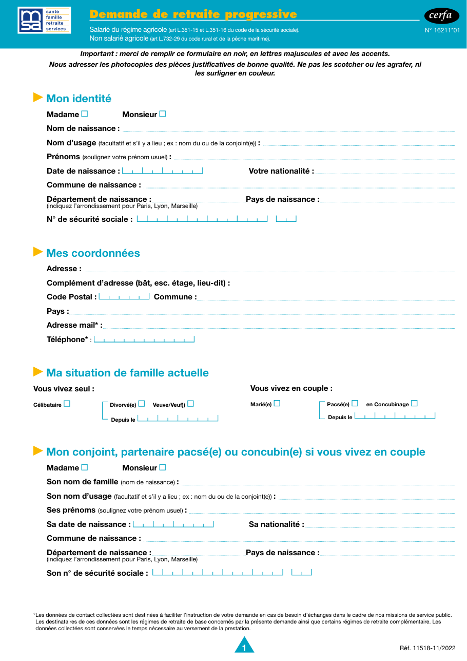 Page 1 du formulaire msa.fr n° 16211 — Demander une retraite progressive auprès de la MSA