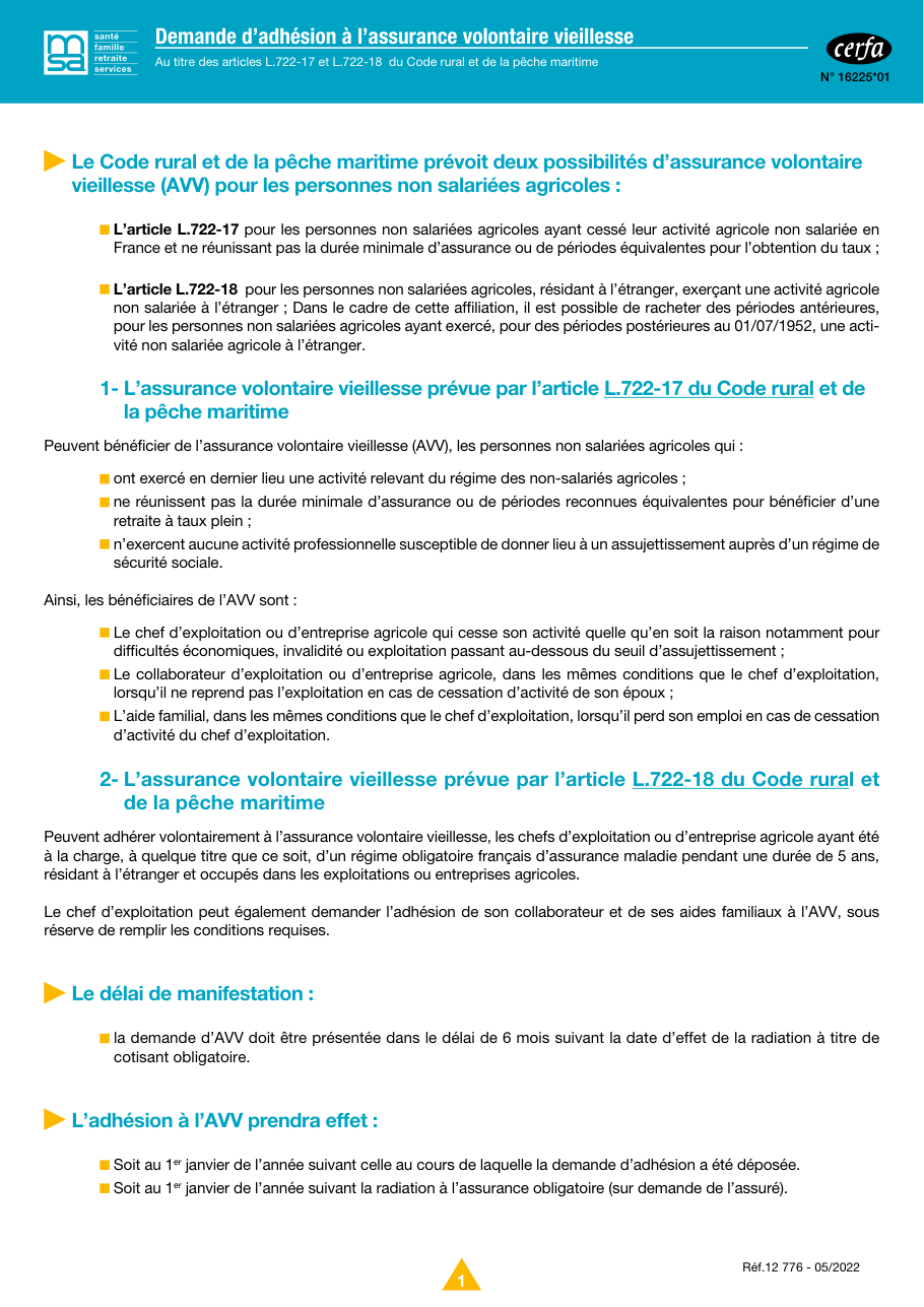 Page 1 du formulaire msa.fr n° 16225 — Demander l'adhésion à l'assurance volontaire vieillesse agricole