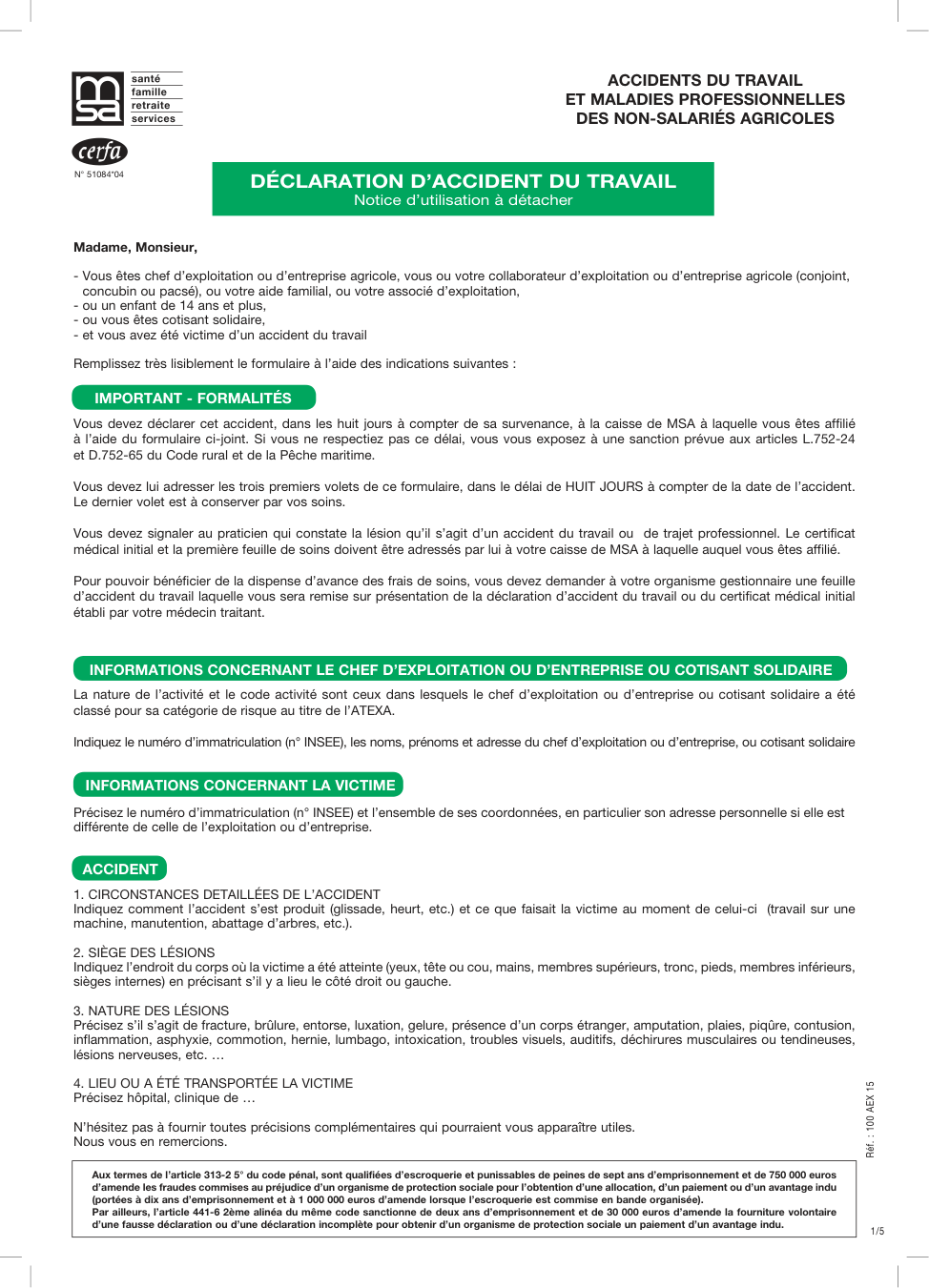 Page 1 du formulaire msa.fr n° 51084 — Déclarer un accident du travail d'un non-salarié agricole à la MSA
