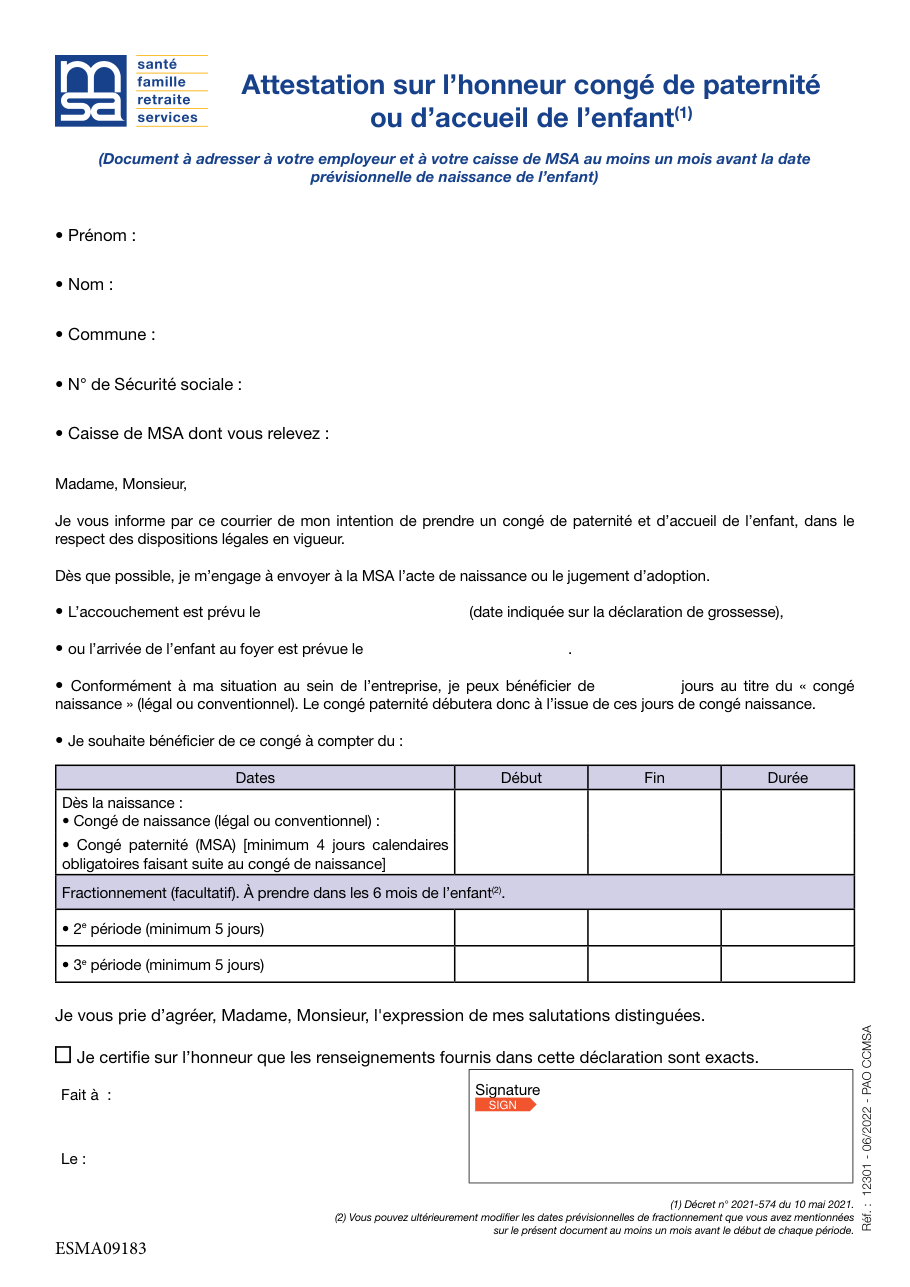 Page 1 du formulaire msa.fr — Attestation sur l'honneur pour le congé de paternité et d'accueil de l'enfant (MSA)