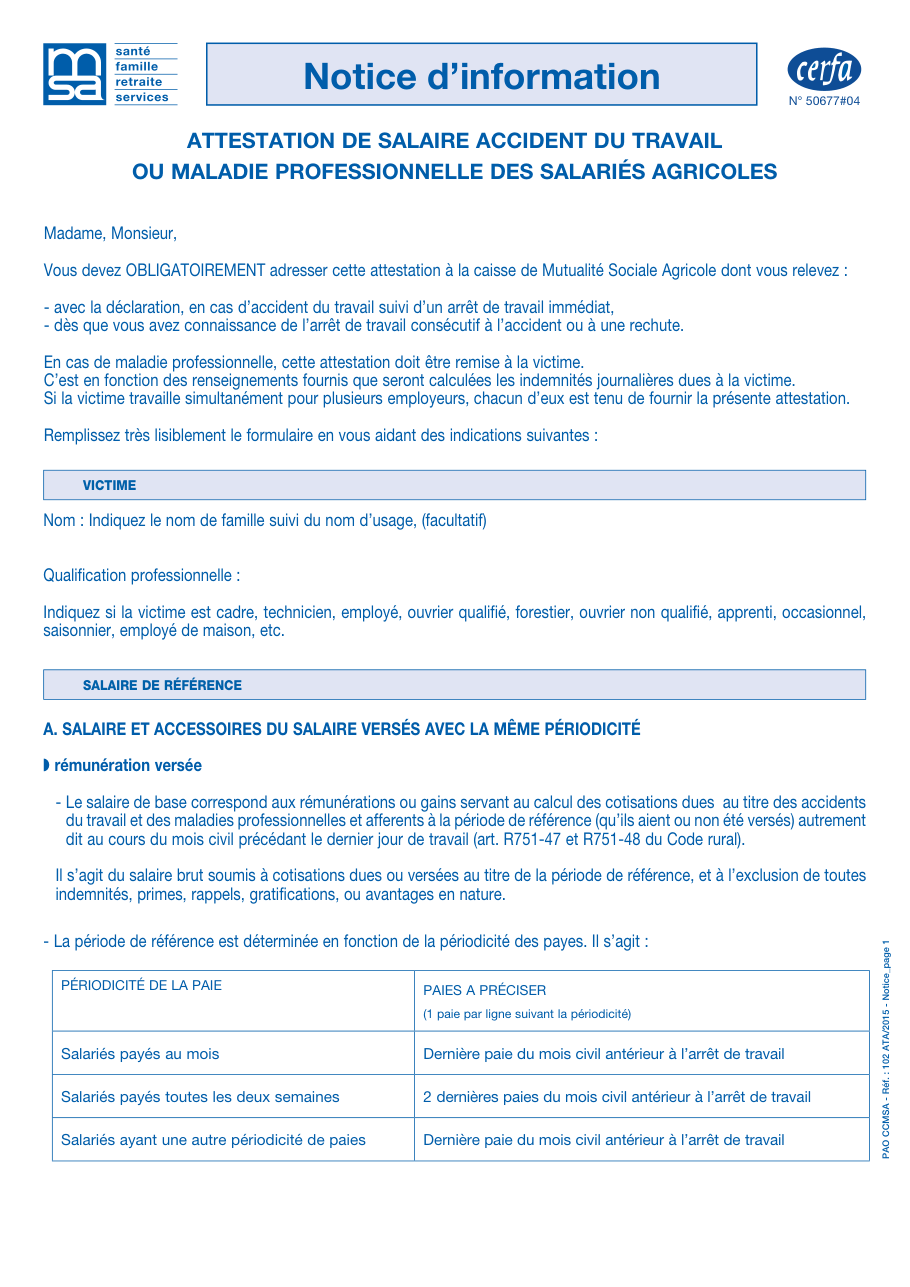 Page 1 du formulaire msa.fr — Attestation de salaire pour un accident du travail ou une maladie professionnelle (salariés agricoles)