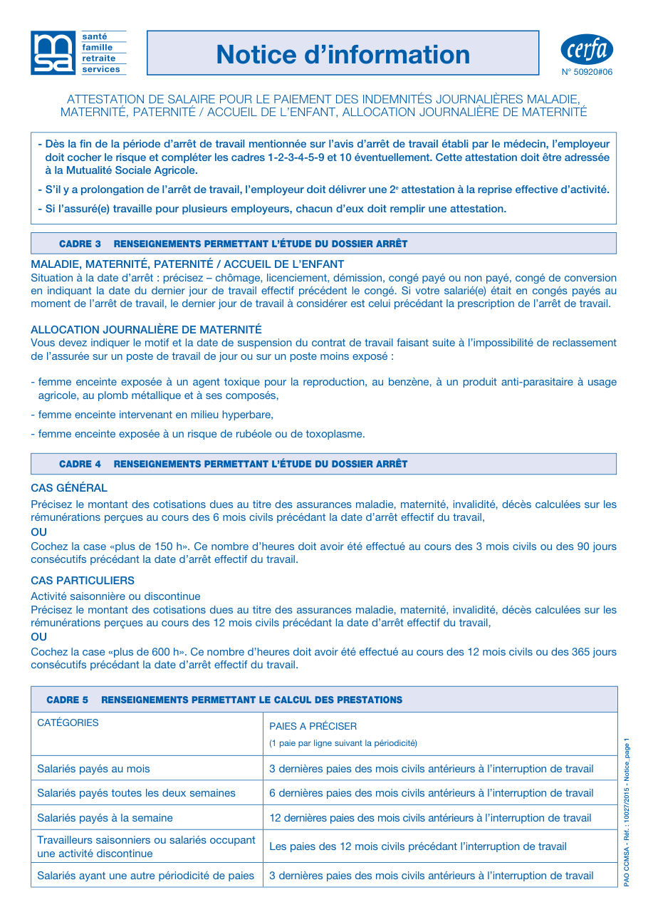 Page 1 du formulaire msa.fr — Attestation de salaire pour les indemnités journalières maladie, maternité ou paternité (MSA)