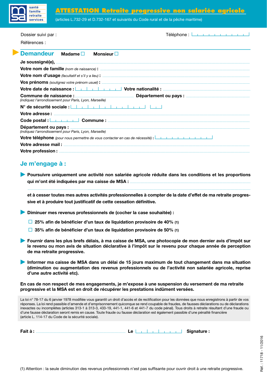 Page 1 du formulaire msa.fr — Attestation d'engagement pour la retraite progressive non salariée agricole