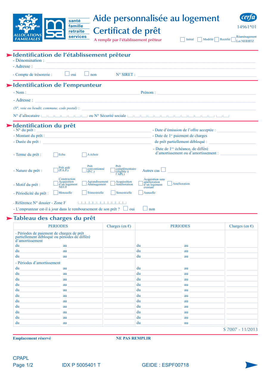 Page 1 du formulaire msa.fr — Certificat de prêt à faire remplir par la banque pour l'aide personnalisée au logement