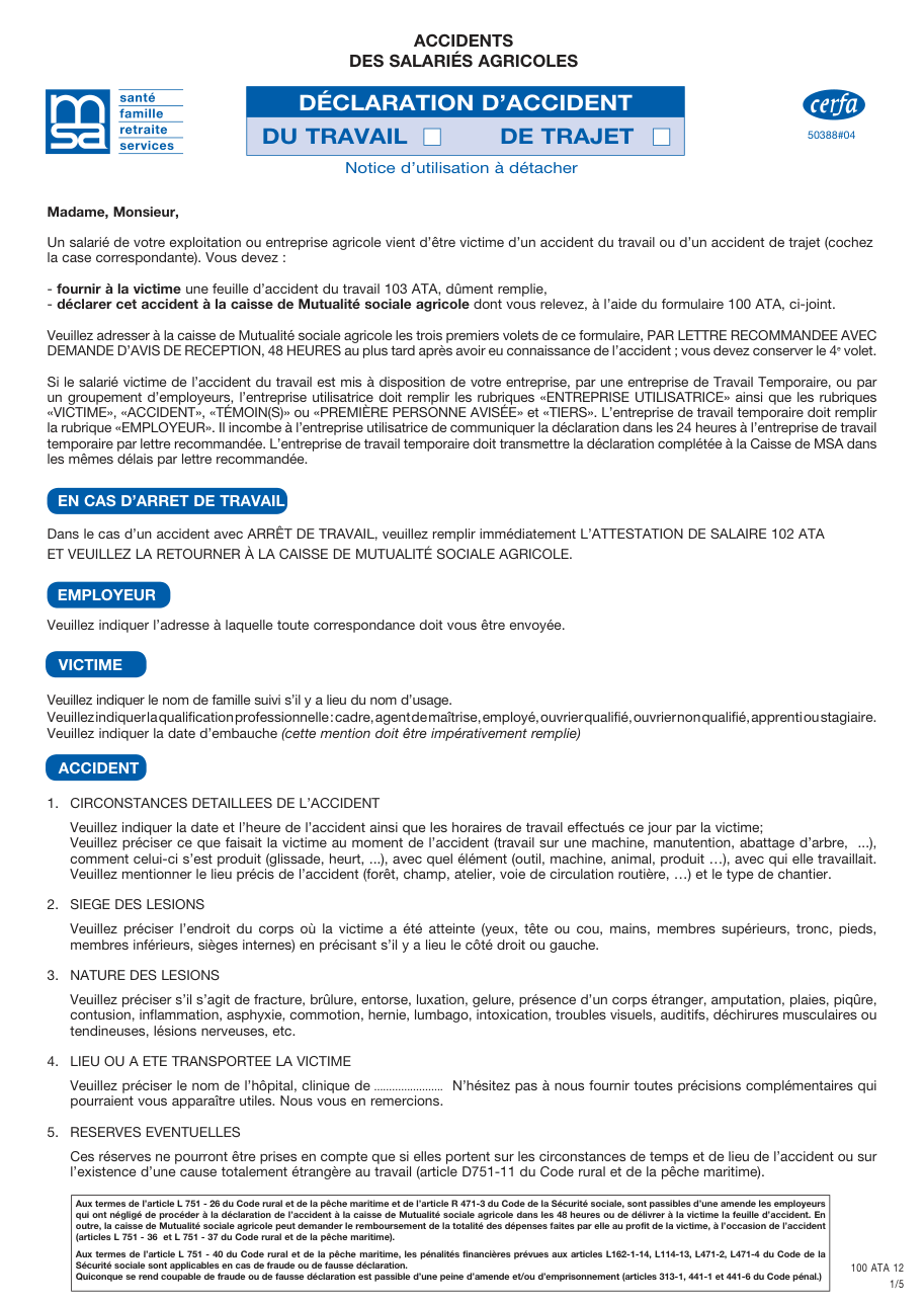 Page 1 du formulaire msa.fr — Déclarer un accident du travail ou de trajet d'un salarié agricole