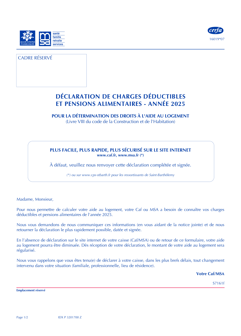 Page 1 du formulaire msa.fr — Déclarer ses charges déductibles et pensions alimentaires pour l'aide au logement