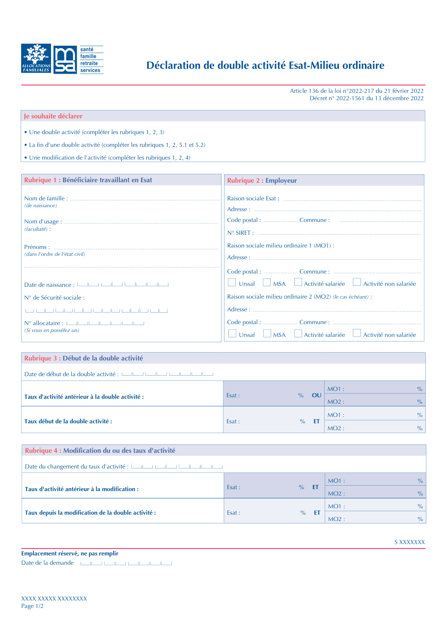 Page 1 du formulaire msa.fr — Déclarer une double activité entre un Esat et le milieu ordinaire