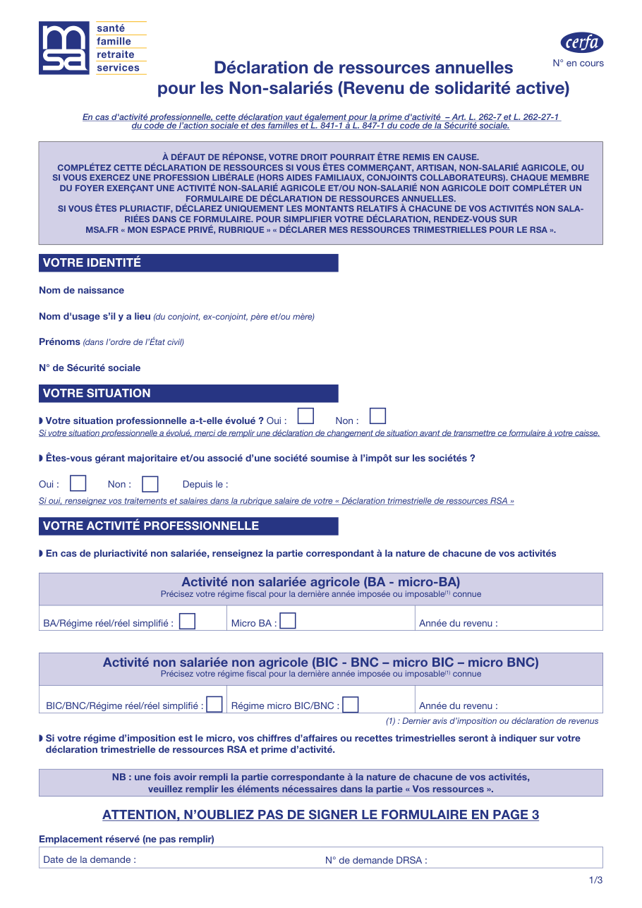 Page 1 du formulaire msa.fr — Déclaration de ressources annuelles des non-salariés pour le RSA