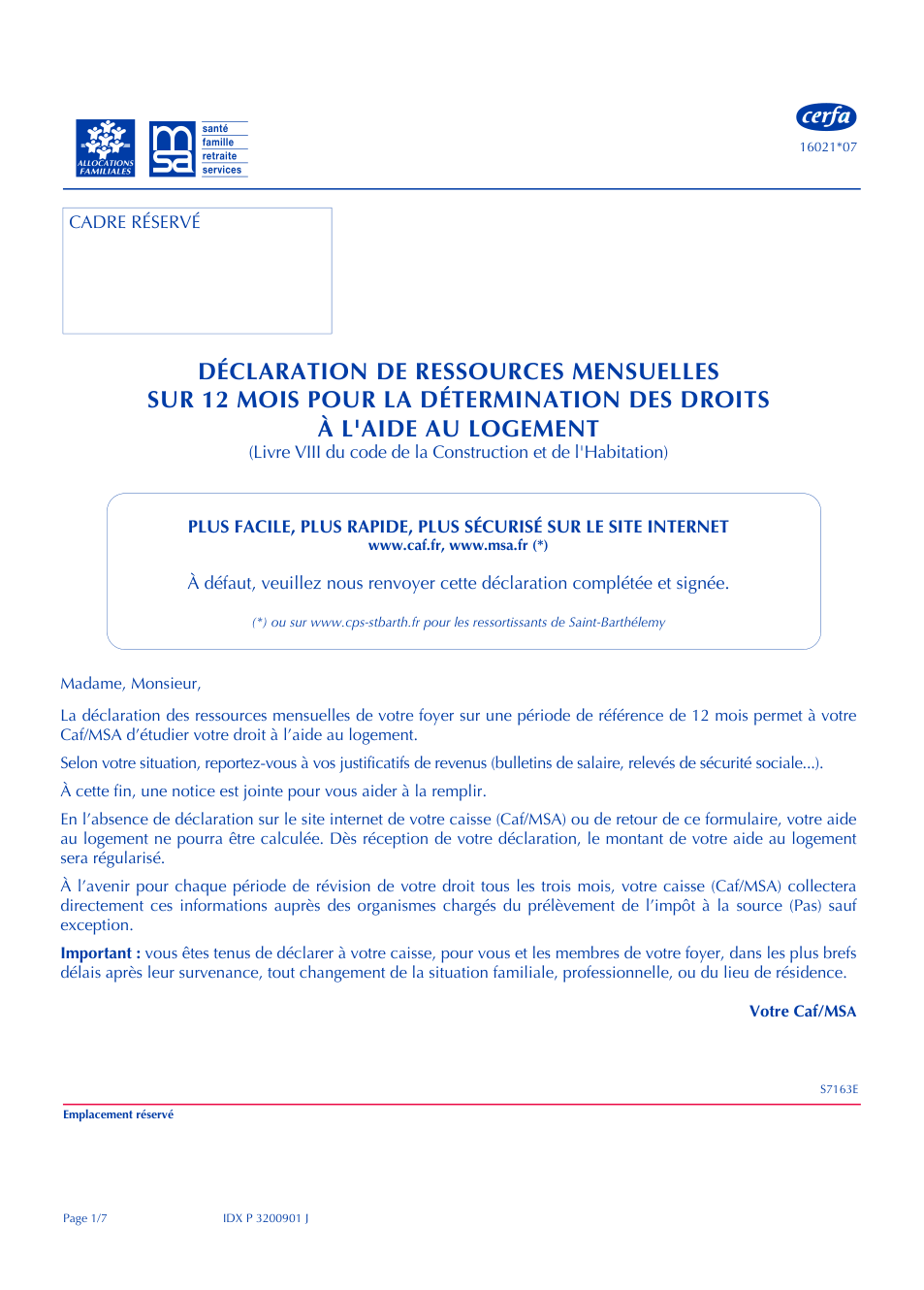 Page 1 du formulaire msa.fr — Déclarer les ressources mensuelles de son foyer pour l'aide au logement