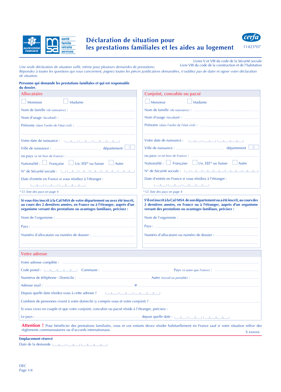 Page 1 du formulaire msa.fr — Déclaration de situation pour les prestations familiales et les aides au logement