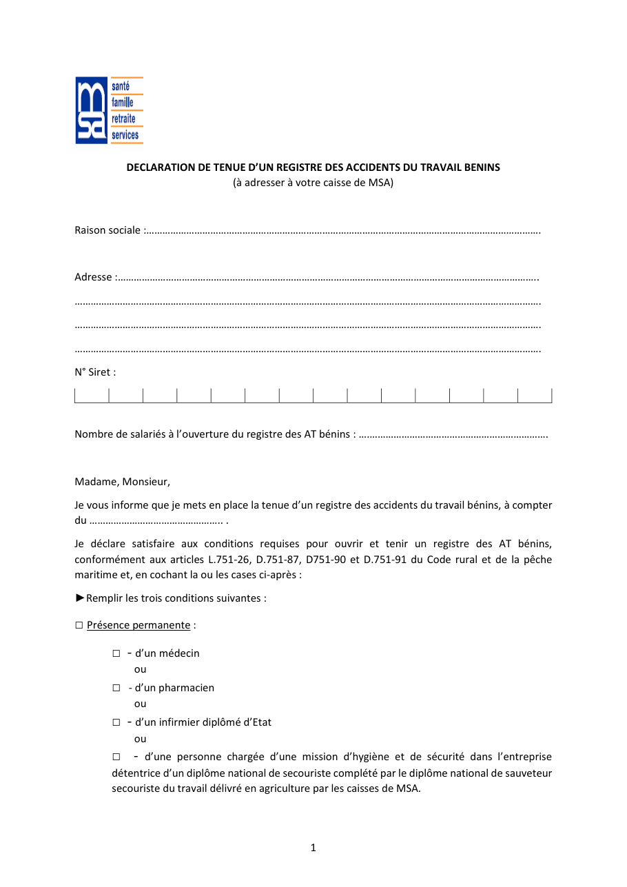 Page 1 du formulaire msa.fr — Déclarer la tenue d'un registre des accidents du travail bénins à la MSA
