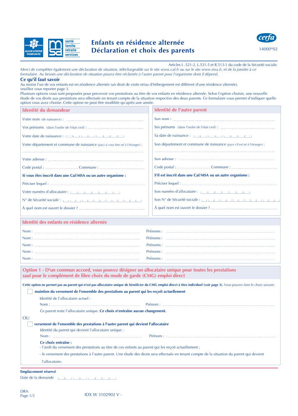 Page 1 du formulaire msa.fr — Enfants en résidence alternée : déclaration et choix des parents