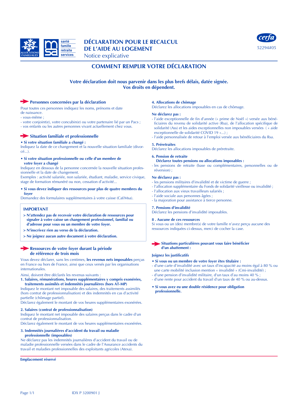 Page 1 du formulaire msa.fr — Déclaration pour le recalcul de l'aide au logement