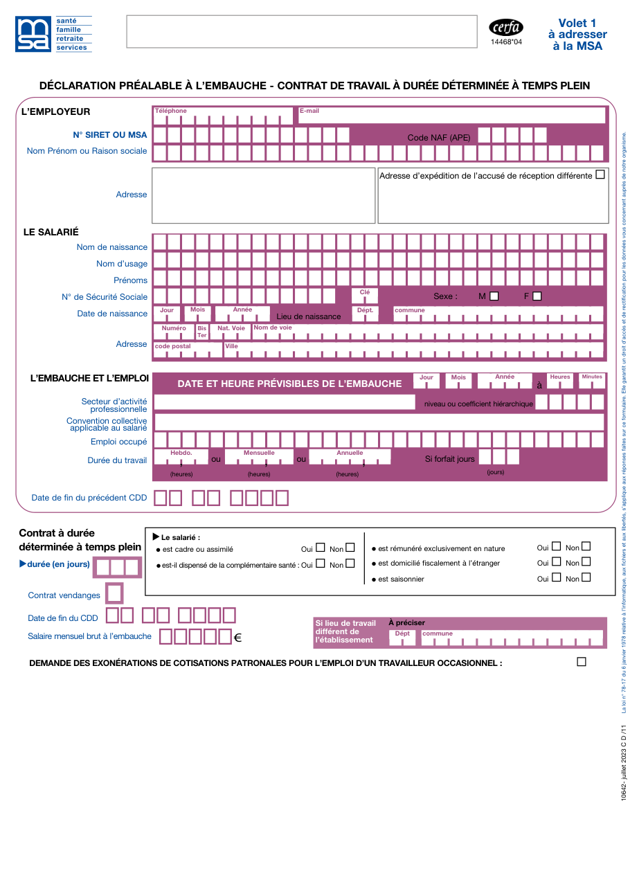 Page 1 du formulaire msa.fr — Déclaration préalable à l'embauche en CDD à temps plein (MSA)