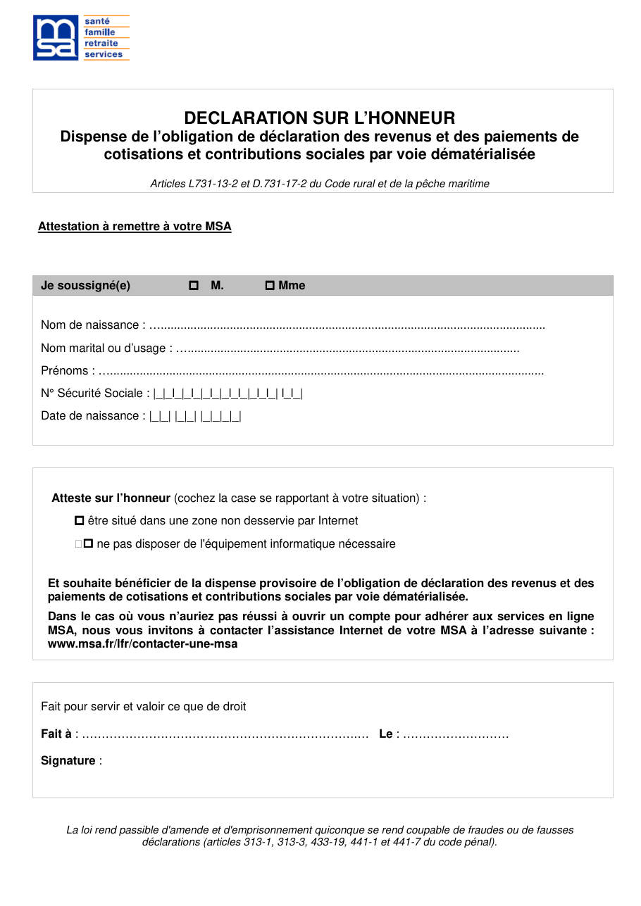 Page 1 du formulaire msa.fr — Déclaration sur l'honneur pour être dispensé de déclarer et payer en ligne à la MSA