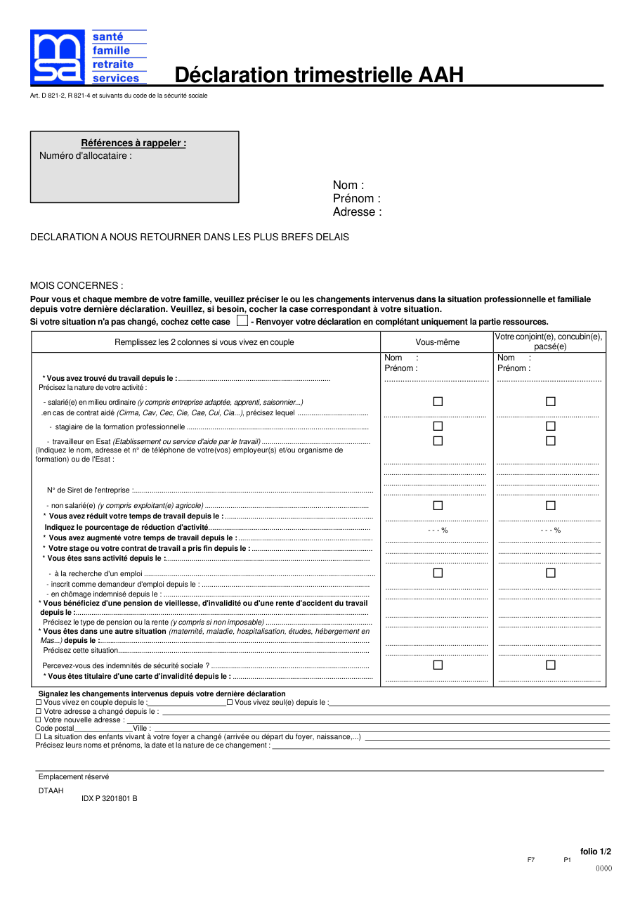 Page 1 du formulaire msa.fr — Déclaration trimestrielle de ressources pour l'allocation aux adultes handicapés (MSA)