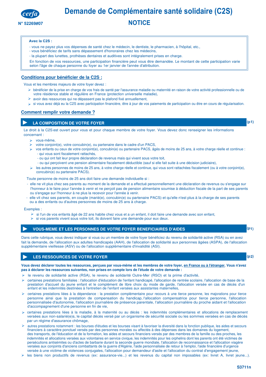 Page 1 du formulaire msa.fr — Demande de complémentaire santé solidaire (C2S) auprès de la MSA
