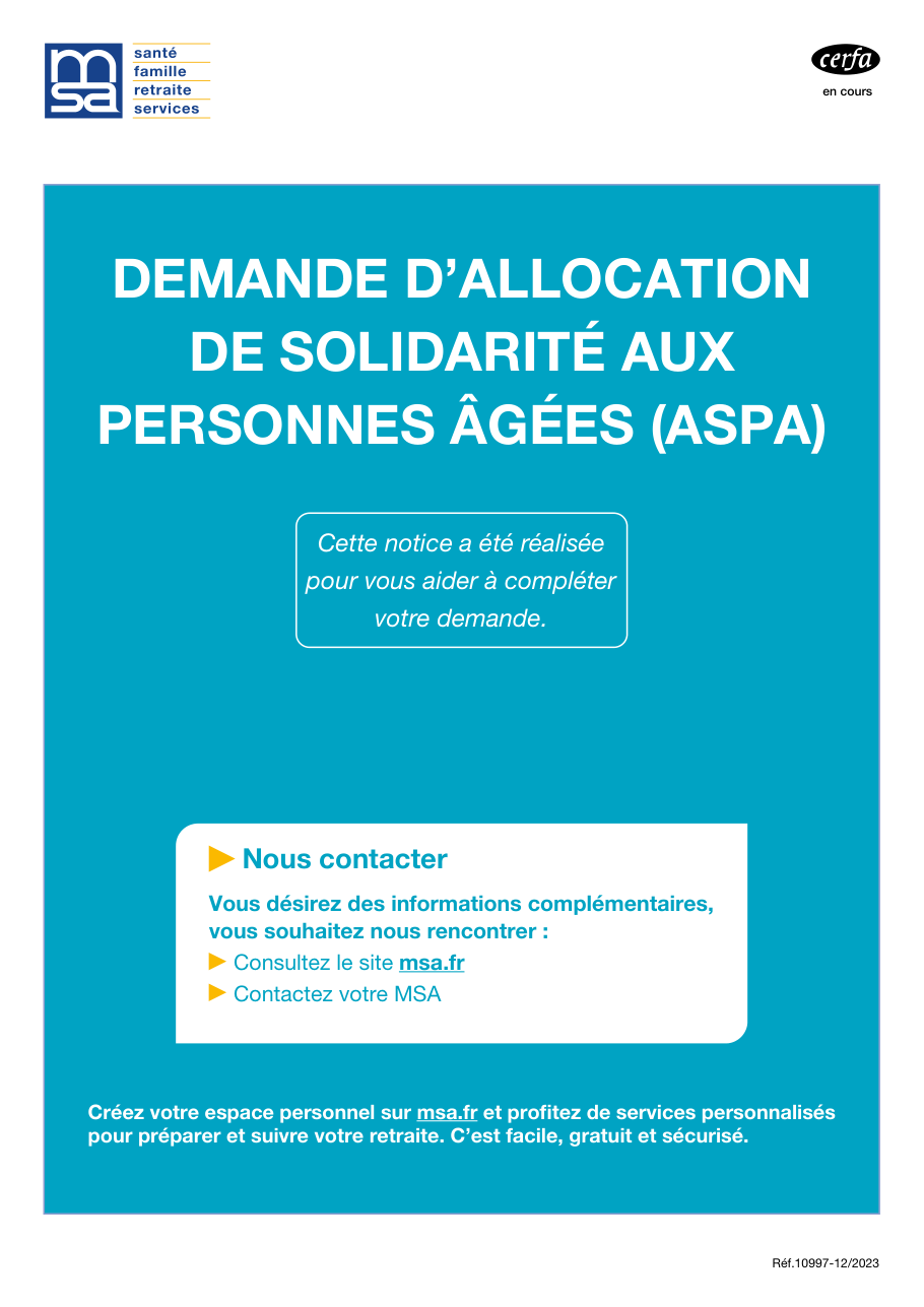 Page 1 du formulaire msa.fr — Demande d'allocation de solidarité aux personnes âgées (Aspa) à la MSA