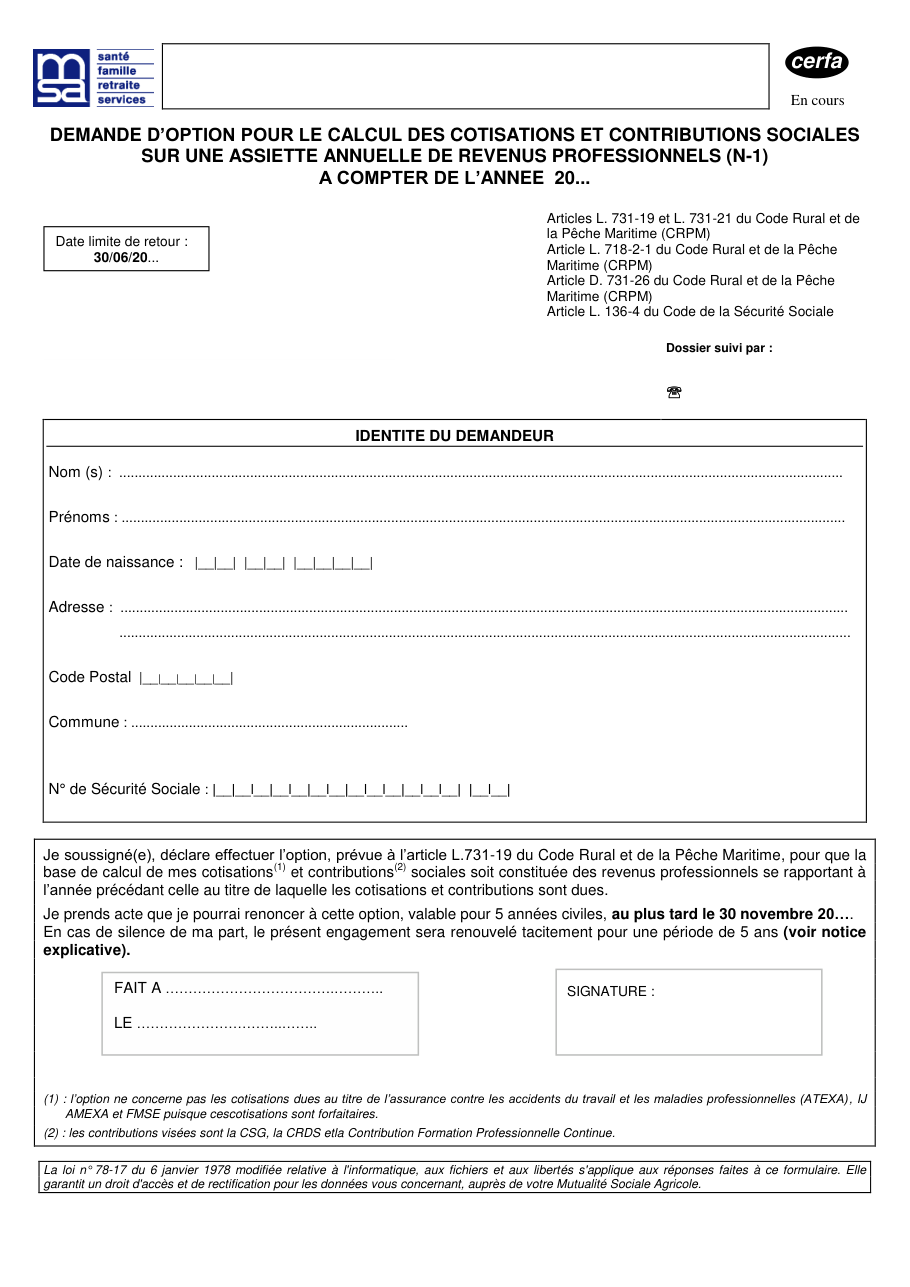 Page 1 du formulaire msa.fr — Option pour le calcul des cotisations sur une assiette annuelle de revenus professionnels (MSA)