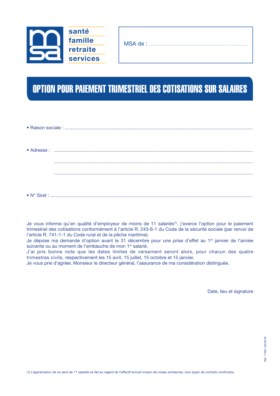 Page 1 du formulaire msa.fr — Option pour le paiement trimestriel des cotisations sur salaires (MSA)