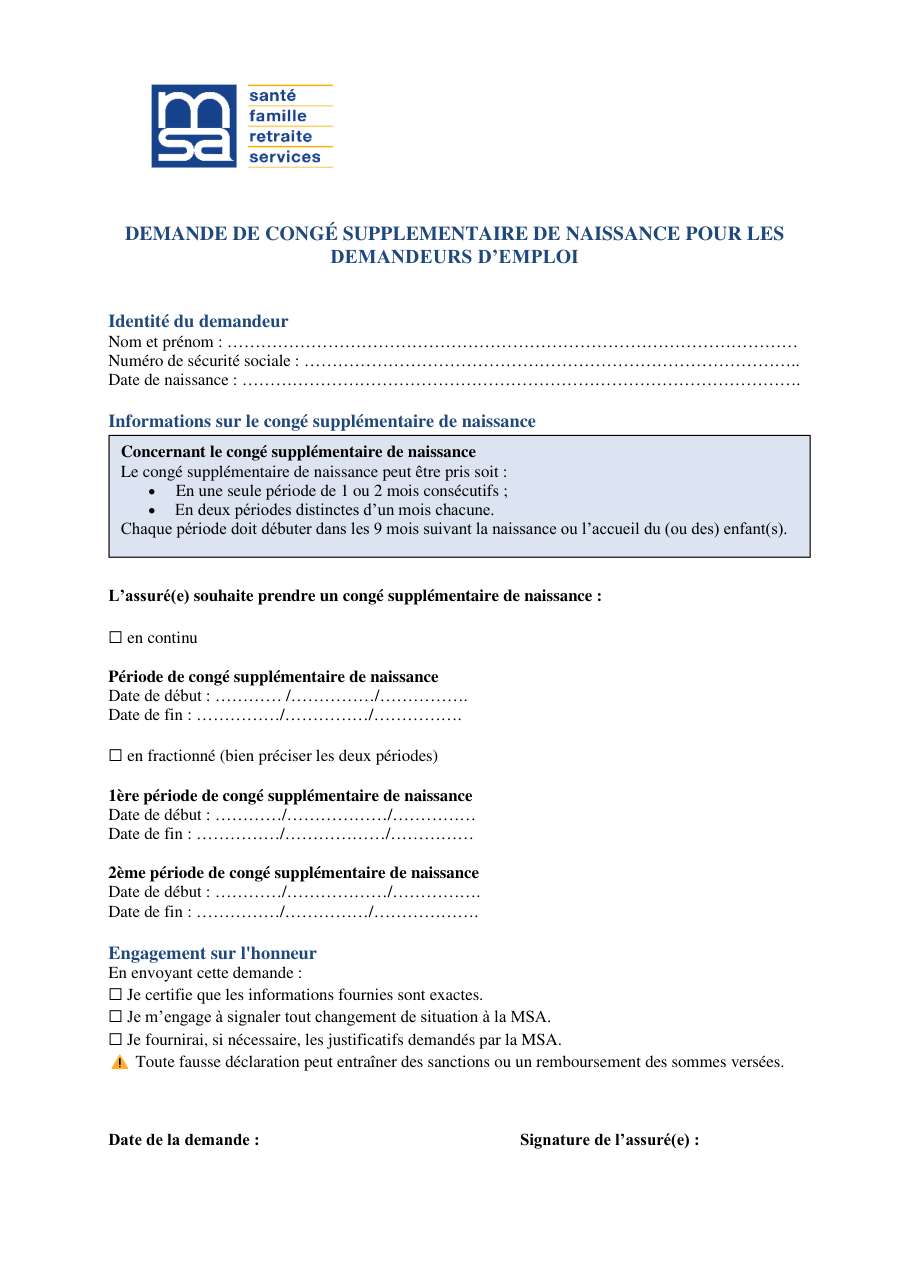 Page 1 du formulaire msa.fr — Demander le congé supplémentaire de naissance en tant que demandeur d'emploi (MSA)